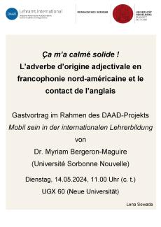 Plakat zum DAAD-Gastvortrag von Dr. Myriam Bergeron-Maguire  (Université Sorbonne Nouvelle) Dienstag, 14.05.2024, 11.00 Uhr (c. t.) UGX 60 (Neue Universität)