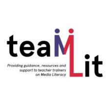 Logo TeaMLiT - Schriftzug mit Text "Providing guidance, resources and support to teacher trainers on Media Literacy"