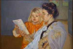 Aufnahme des Gemäldes „The Reading Lesson“ von Mary Cassatt, 1901, ausgestellt im Dallas Museum of Art, Dallas, Texas, USA. Das Ölgemälde zeigt ein kleines Mädchen mit einer Frau beim Lesen.