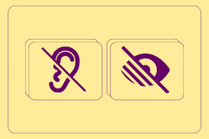 Auf gelbem Hintegrund sind 2 Icons erkennbar; eines zeigt ein durchgestrichenes Ohr, eines ein durchgestrichenes Auge. 