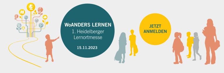 Die Grafik zeigt bunte Silhouetten von Menschen verschiedenen Alters, die sich auf den Weg machen zu stilisierten Lernorten. In der Mitte ein petrolfarbener Button mit weißer Schrift: WoANDERS LERNEN | 1. Heidelberger Lernortmesse sowie einen gelben Button mit petrolfarbener Schrift: „Jetzt anmelden“