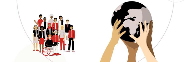 Die Grafik zeigt eine diverse Gruppe junger Menschen links und eine von mehreren Händen getragene Erdkugel rechts auf weißem Grund.