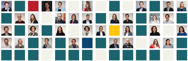 Mosaik mit kleinen Porträts aller HSE-Mitarbeiter:innen und Kacheln in den HSE-Farben.