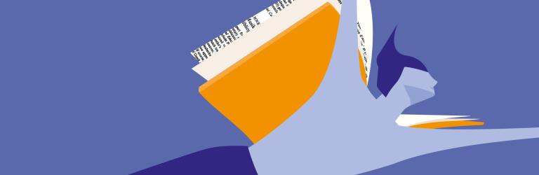 Die Grafik in Blau- und Orangetönen zeigt eine stilisierte Person, deren fliegende Pose an die Nike von Samothrake erinnert. Statt Flügeln trägt sie aufgeschlagene Buchseiten auf dem Rücken.