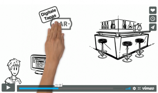 Screenshot: Eine Hand schiebt „digitale Tapas“ in eine gezeichnete Bar