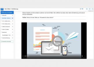 Kapitelansicht des interaktiven Buchs mit MenüInhaltsverzeichnis links und grafischem Video-Startscreen, der einen Mailumschlag unter der Lupe zeigt