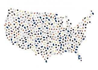 Grafik mit Umriss der Vereinigten Staaten von Amerika, ausgefüllt von bunten Bücher-Icons, auf weißem Hintergrund