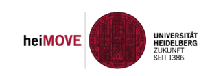 Siegel der Universität Heidelberg mit Schriftzug „heiMOVE“ links und Schriftzu „Universität Heidelberg – Zukunft seit 1386“ rechts daneben