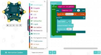 Screenshot einer möglichen Programmierung des Temperaturmessers am Calliope Mini 2.0 mit MakeCode