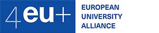 Logo der 4EU+ European University Alliance (weißer Schriftzug 4EU+ auf dunkelblauem Grund), daneben dunkelblauer Schriftzug EUROPEAN UNIVERSITY ALLIANCE auf weißem Grund)