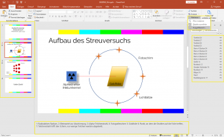 Screenshot einer Power-Point-Präsentation mit 4 Folien. Die ausgewählte Folie zeigt anhand einer Grafik den Aufbau eines Streuversuchs.