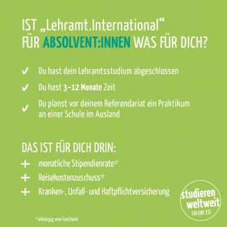 Ist „Lehramt.International“ für ABSOLVENT:INNEN was für Dich? – Quadratische Werbekachel mit zentralen Infos auf hellgrünem Grund