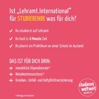 Ist „Lehramt.International“ für STUDIERENDE was für Dich? – Quadratische Werbekachel mit zentralen Infos auf pinkfarbenem Grund