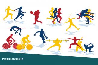 Eine Grafik zeigt schemenhafte Sportler:innen bei verschiedenen Sportarten in Rot, Blau und Gelb auf weißem Grund. Unten schräg abgesetzt auf petrolfarbenem Grund das Wort „Podiumsdiskussion“