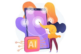 Eine bunte Grafik zeigt eine Frau, die auf ein überlebensgroßes Tablet deutet, daneben eine verkabelte Box mit der Aufschrift „AI“, rundherum diverse Icons aus dem Onlinebereich. Grafik: vectorjuice/Freepik