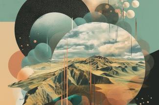 Die von der KI Midjourney generierte Grafik zeigt karge Berge in einer Wüste, darüber einen bewölkten Himmel. Außen bunte Kugeln in Orange-Mint-Tönen.