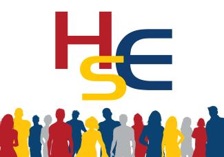 Die Grafik zeigt das Logo der HSE in Rot, Gelb, Blau, darunter die Silhouetten von Menschen, die ebenfalls rot, gelb, blau, grau eingefärbt sind. 