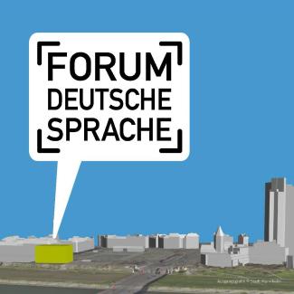 Die Grafik der Stadt Mannheim zeigt das Gelände, auf dem das geplante Forum Deutsche Sprache als Gebäude gelb hervorgehoben ist. Über dem Gebäude eine Sprechblase mit dem Inhalt FORUM DEUTSCHE SPRACHE: