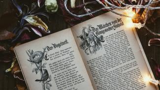 Ein Märchenbuch liegt aufgeschlagen auf dem mit Herbstlaub bedeckten Boden, angestrahlt von einer Lichterkette.