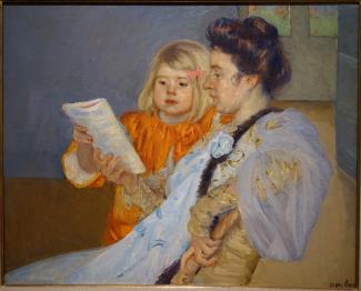 Aufnahme des Gemäldes „The Reading Lesson“ von Mary Cassatt, 1901, ausgestellt im Dallas Museum of Art, Dallas, Texas, USA. Das Ölgemälde zeigt ein kleines Mädchen mit einer Frau beim Lesen.