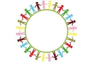 Die stilisierte Grafik zeigt eine bunte Menschenkette, die sich im Kreis an den Händen hält, auf weißem Grund.