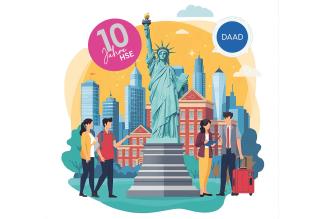 Die KI-generierte Grafik zeigt junge Menschen vor der Freiheitsstatue, im Hintergrund das Teachers College und die New Yorker Skyline.