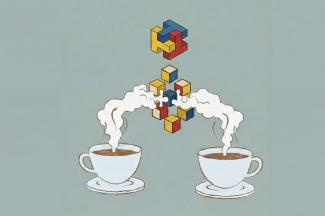 Die Grafik zeigt zwei Kaffeetassen auf grauem Grund. Der aus ihnen aufsteigende Dampf verbindet sich zu einem puzzleartigen Würfel in HSE-Farben.