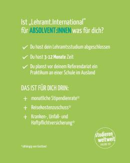 Ist „Lehramt.International“ für ABSOLVENT:INNEN was für Dich? – Werbekachel mit zentralen Infos auf hellgrünem Grund