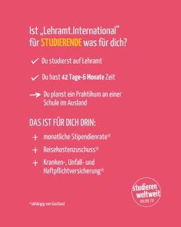 Ist „Lehramt.International“ für STUDIERENDE was für Dich? – Werbekachel mit zentralen Infos auf pinkfarbenem Grund