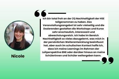 Das Bild zeigt Links das Porträt einer Studentin in einem kreisförmigen Ausschnitt, darunter ihren Namen Nicole. Rechts daneben ein Zitat zum persönlichen Wert der Zusatzqualifikation in großen Anführungsstrichen.