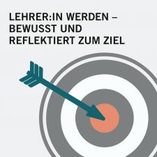 Ein petrolfarbener Pfeil trifft ins rote Zentrum einer Zielscheibe. Beleittext: LEHRER:IN WERDEN – BEWUSST UND REFLEKTIERT ZUM ZIEL