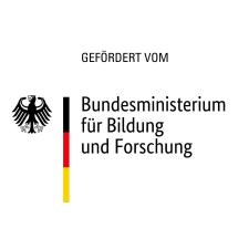 Logo des BMBF: Bundesadler links, Deutschlandfarben als Trennlinie, daneben Bundesministerium für Bildung und Forschung“, darüber der Zusatz „Gefördert vom“