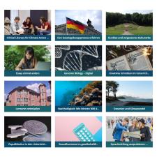 Screenshot aus der HSEdubox. Er zeigt insgesamt 12 Fotokacheln, die in 4 Reihen verschiedene EduResources anteasern.