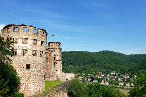 Turm des Heidelberger Schlosses vor blauem Himmel mit Blick auf das bewaldete Tal | Steven He / Unsplash