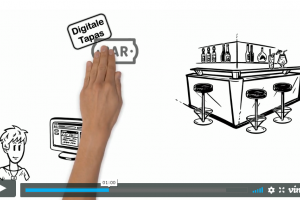 Screenshot: Eine Hand schiebt „digitale Tapas“ in eine gezeichnete Bar