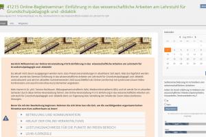 Screenshot: Startseite des Online-Begleitseminars „Einführung in das wissenschaftliche Arbeiten“ am Lehrstuhl für Grundschulpädagogik und -didaktik der Universität Passau