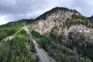 Ein steiniger Pfad führt durch den Wald auf einen Berggipfel