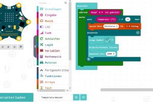 Screenshot einer möglichen Programmierung des Temperaturmessers am Calliope Mini 2.0 mit MakeCode