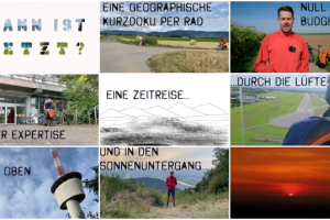 Collage aus 9 Screenshots: Text: „WANN IST JETZT? | Eine geographische Kurzdoku per Rad | null Euro Budget | aber Expertise | Eine Zeitreise | durch die Lüfte | nach oben | und in den Sonnenuntergang“ hinterlegt mit Landschaftsaufnahmen und einem Porträt des Filmemachers Franz Puschner