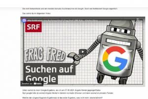 Ausschnitt aus der mit h5p umgesetzten Lernenheit; links das Menü, rechts eine Aufgabenstellung zum Thema Google mit eingebettetem Video (Titel: FRAG FRED: Suchen auf Google)