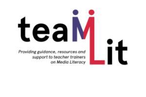 Logo TeaMLiT - Schriftzug mit Text "Providing guidance, resources and support to teacher trainers on Media Literacy"