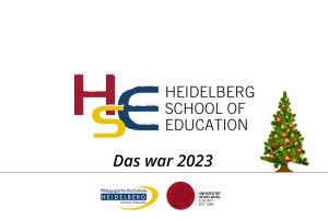 Screenshot des Videos zum Jahresrückblick 2023 der HSE. Man sieht das dreifarbige Logo der HSE, die Logos der Pädagogischen Hochschule Heidelberg und der Universität Heidelberg und rechts daneben die Grafik eines geschmückten Weihnachtsbaumes.