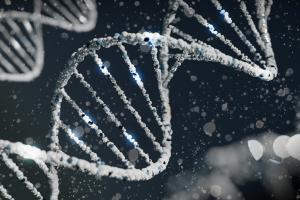 DNA-Helix in Weiß vor dunklem Hintergrund