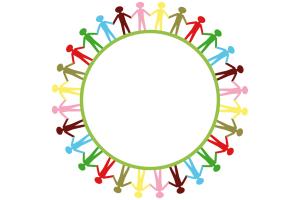Die stilisierte Grafik zeigt eine bunte Menschenkette, die sich im Kreis an den Händen hält, auf weißem Grund.