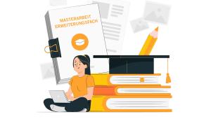 Die in Gelbtönen gehaltene Grafik zeigt eine junge Frau, die mit Laptop auf dem Schoß vor einem Stapel überdimensional großer roter Bücher sitzt. Rechts neben ihr lehnt eine Mappe mit dem Titel "Masterarbeit Erweiterungsfach". Auf dem Bücherstapel liegt ein Doktorhut, darin ein Stift.