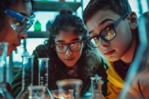 3 jugendliche blicken im Labor auf Reagenzgläser.