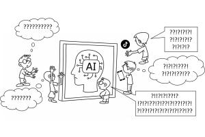 Die Grafik zeigt das Bild eines Kopfes mit der Aufschrift "AI" auf einem überdimensionierten Tablet. Um dieses herum stehen Schüler:innen, die mit vielen Fragezeichen in Denkblasen darauf blicken.