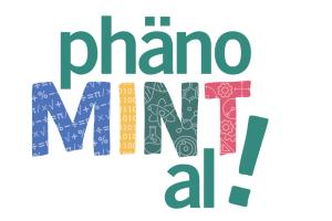 Schriftzug phänoMINTal. Die bunten Versalien zu MINT sind mit Zahlen, Formeln und naturwissenschaftlichen Symbolen hinterlegt.