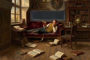 Im Stil eines Ölgemäldes zeigt das Bild einen jungen Mann beim Lesen auf einem historisch anmutenden Sofa. Auf dem Boden aufgeschlagene Bücher, hinter ihm ein Smartboard.