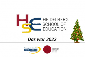 Screenshot des Videos zum Jahresrückblick 2022 der HSE. Man sieht das dreifarbige Logo der HSE, die Logos der Pädagogischen Hochschule Heidelberg und der Universität Heidelberg und rechts daneben die Grafik eines geschmückten Weihnachtsbaumes.